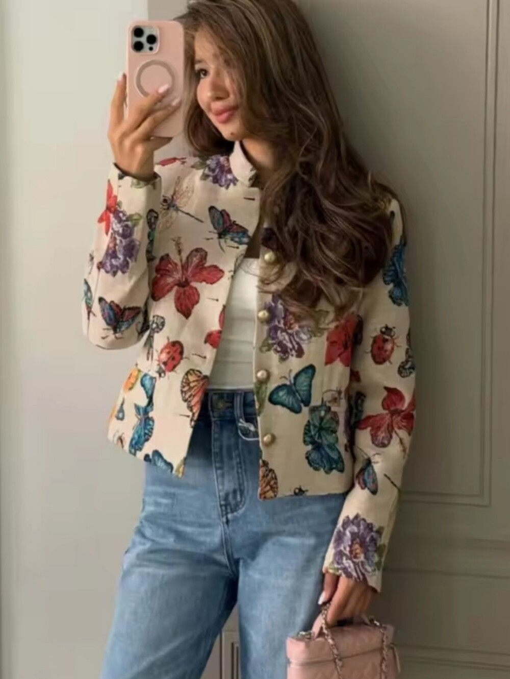 Butterfly Floral Print Cropped Jacket Women Stand Collar Gold Button Long Sleeve - Picture 4 of 7